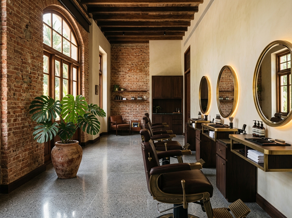 Gentlemen's barbershop interior with leather chairs and brass mirrors