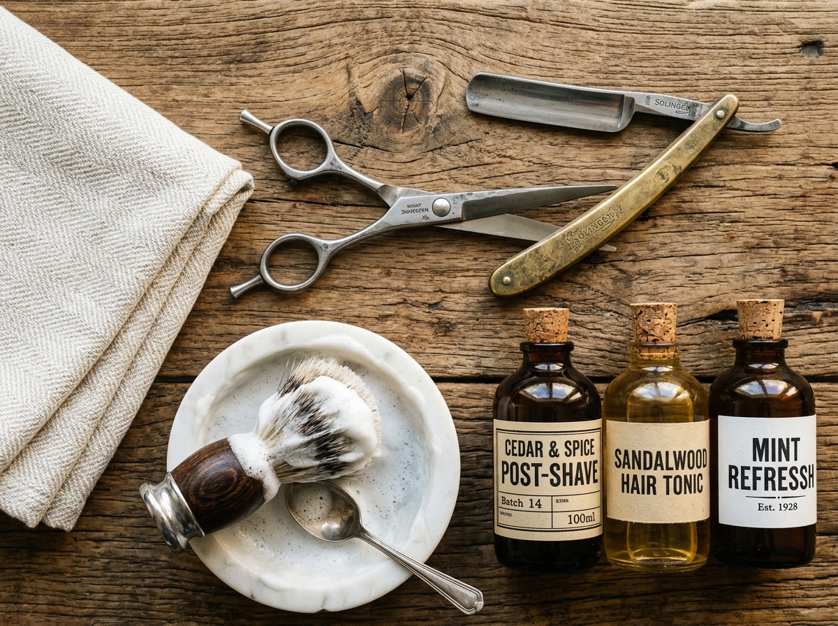 Solingen razor and artisanal grooming tools on teakwood