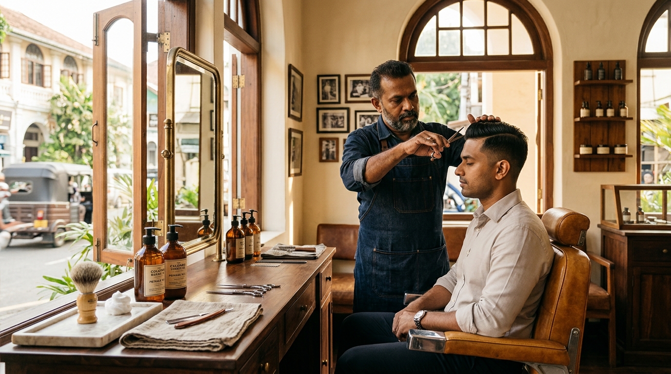 Master Barber in Colombo cutting hair at vintage teakwood station